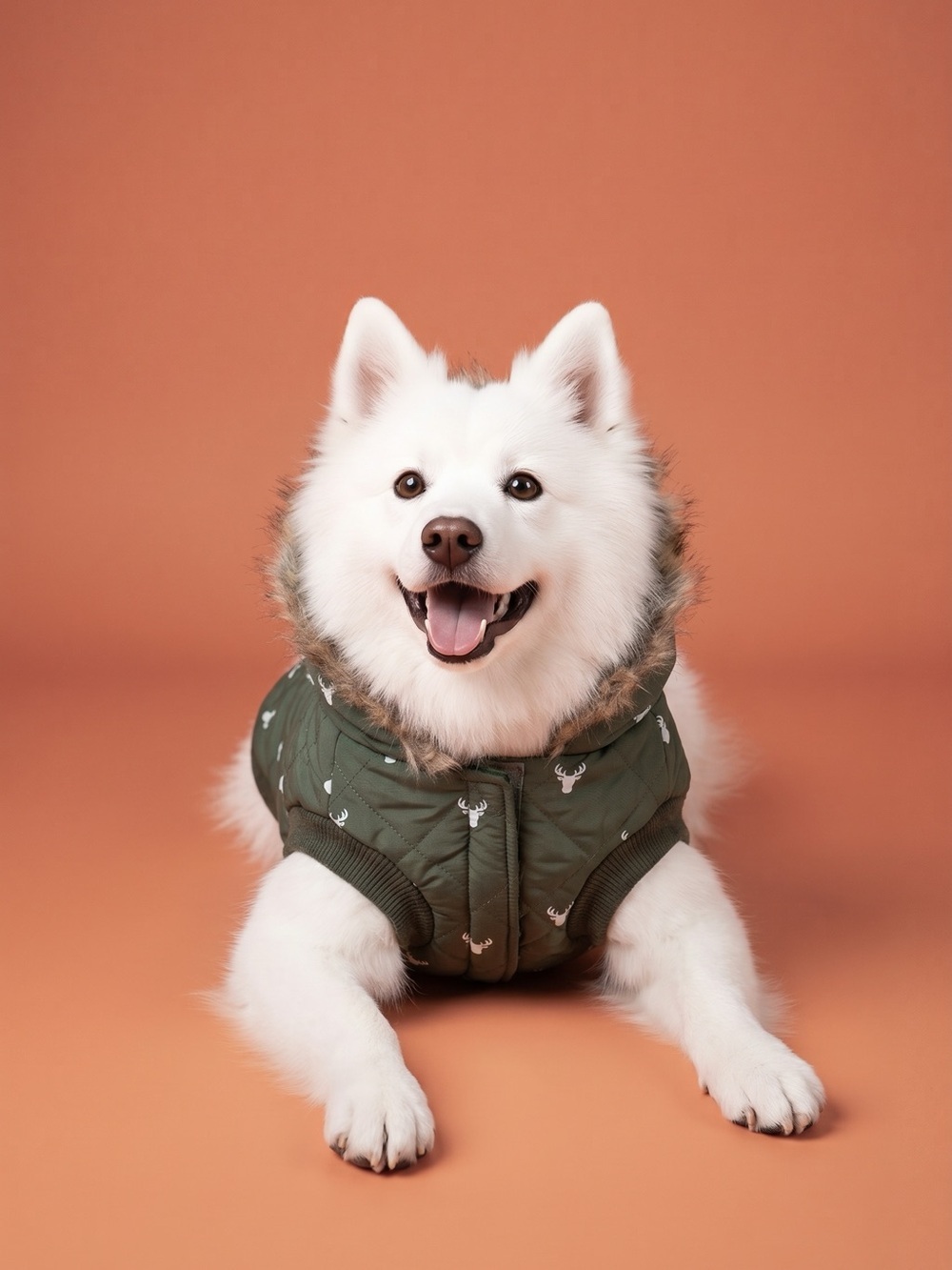 Dog Winter Puffer Vest in Olive Green with Faux Fur Hood